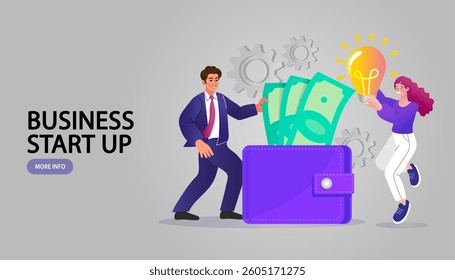 Successful business woman standing nearby with a pile of money and her wallet. Financial advisor. Saving Money or Cash Back Concept. financial abundance. Flat, Isolated, Vector,Illustration.