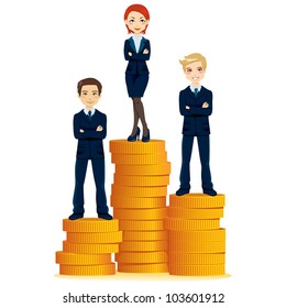 Successful business woman standing on top of gold coins stack podium with two businessmen partners