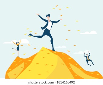 Successful business woman stands on top of  golden coins heap as symbol of achievement and success. Business concept illustration 