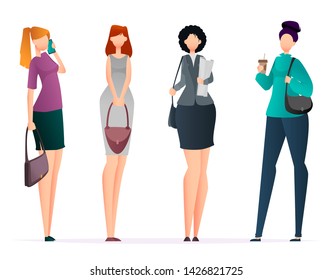 Successful business women, set of four poses. Faceless cartoon characters businesswomen, flat style. Vector illustration isolated on white background