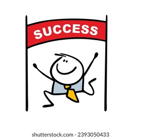 Successful businessman achieved success, ran first to the finish line. Vector illustration of a financial race and a cartoon stickman of an office worker. Funny character isolated on white background.