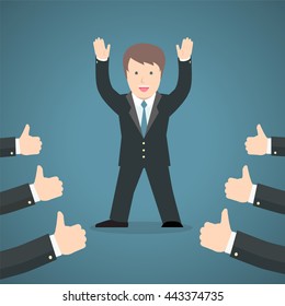 Successful businessman acknowledging many thumbs up around him. Conceptual design for success and achievement