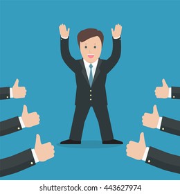 Successful businessman acknowledging many thumbs up around him. Conceptual design for success and achievement. Vector