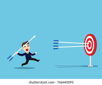 Successful Businessman aiming arrow towards target.
Concept business.
Vector flat cartoon character design background illustration