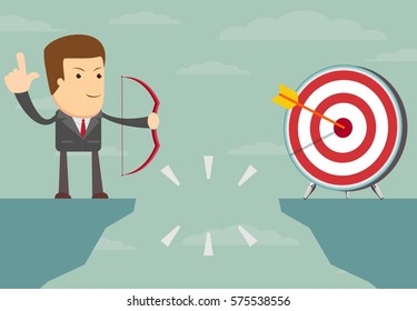 successful businessman aiming target with bow and arrow