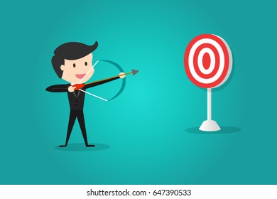 successful businessman aiming target with bow and arrow