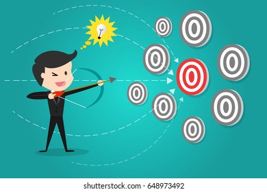 successful businessman aiming target with bow and arrow