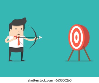 Successful businessman aiming target with bow and arrow. Business concept. Flat cartoon style. Vector illustration.