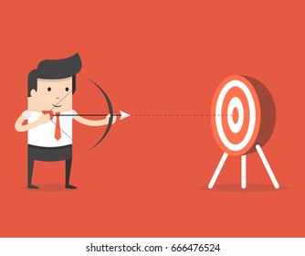 Successful businessman aiming target with bow and arrow. Business concept. Flat cartoon style. Vector illustration.