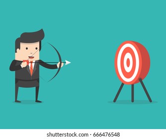 Successful businessman aiming target with bow and arrow. Business concept. Flat cartoon style. Vector illustration.
