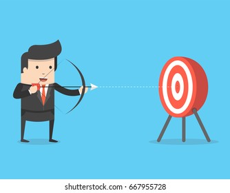 Successful businessman aiming target with bow and arrow. Business concept. Flat cartoon style. Vector illustration.