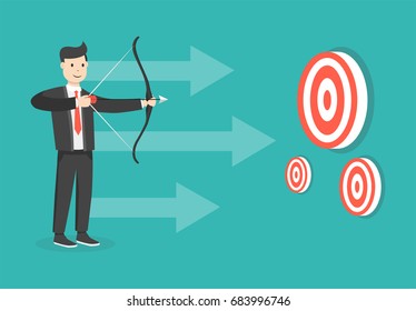 Successful businessman aiming target with bow and arrow. Business concept. Flat cartoon style. Vector illustration.