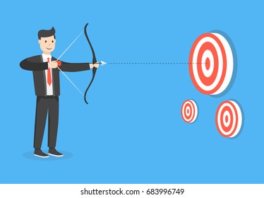 Successful businessman aiming target with bow and arrow. Business concept. Flat cartoon style. Vector illustration.