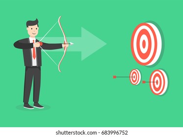 Successful businessman aiming target with bow and arrow. Business concept. Flat cartoon style. Vector illustration.