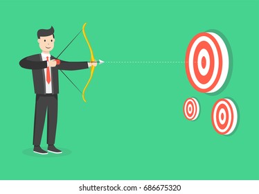 Successful businessman aiming target with bow and arrow. Business concept. Flat cartoon style. Vector illustration.