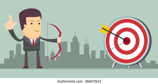 Successful businessman with arrow in the target vector concept in modern flat style. Vector illustration 