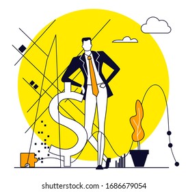 Successful businessman, banker stands next to dollar sign. 