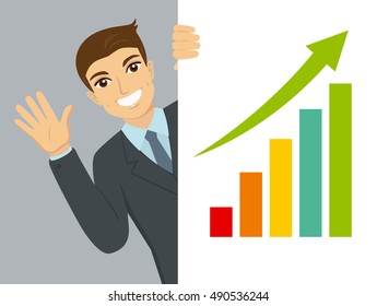 Successful businessman with bar chart success, vector illustration cartoon