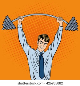 Successful Businessman with Barbell. Pop Art. Vector illustration