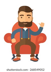 A successful businessman with beard smiling while sitting like a king. Achievement concept. A Contemporary style . Vector flat design illustration isolated white background. Vertical layout.