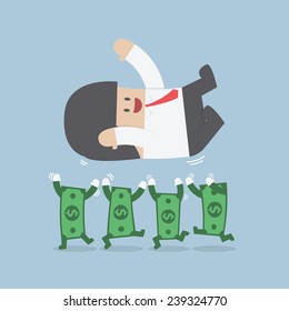 Successful businessman being throwing up by dollar bill, VECTOR, EPS10