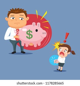 Successful businessman with big piggy bank and sad businesswoman with small piggy bank, illustration vector cartoon