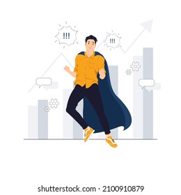 Successful businessman with big profit dressed like superhero flying in the sky concept illustration