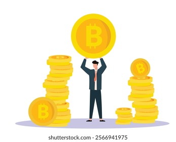 successful businessman in black coat holding big bitcoin over head. Digital Money. Cryptocurrency Investment Concept.
