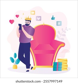 Successful businessman or blogger standing near throne like king with crown on head. Confident man or influencer next chair with smartphone and heap of money. Positive self esteem, leadership. vector