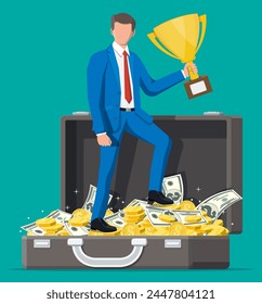 Exitoso hombre de negocios en maletín con dólares y monedas que sostienen el trofeo, celebra su victoria. Éxito empresarial, triunfo, meta o logro. Ganadora de la competición. estilo plano de Ilustración vectorial