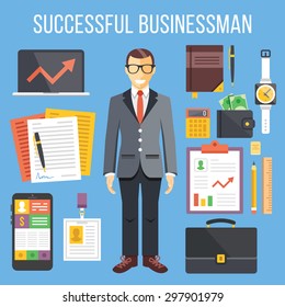 Successful businessman and business stuff flat illustration and flat icons set. Flat design graphic concepts for web banners, web sites, printed materials,infographics. Creative vector illustration