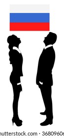 successful businessman and business woman looking up, russia flag
