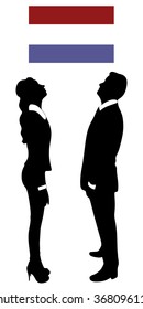 successful businessman and business woman looking up, netherlands flag