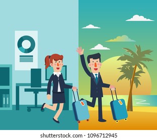 Successful businessman and business woman with suitcase. Business people vacation. Holidays time, recreation, travel and relaxation vector design. Beach sunset background