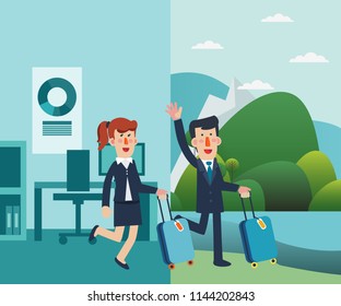 Successful businessman and business woman with suitcase. Business people vacation. Holidays time, recreation, travel and relaxation vector design. Mountain landscape background
