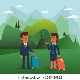 Successful businessman and business woman with suitcases. Business people vacation. Mountain landscape background