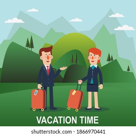 Successful businessman and business woman with suitcases. Business people vacation. Mountain landscape background