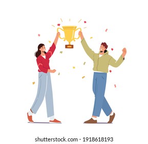 Exitoso empresario y empresario con un enorme "Goblet dorado" en manos del logro de los objetivos de negocio, celebración del éxito corporativo, mejor equipo, concepto de trofeo de victoria. Ilustración del vector de dibujos animados