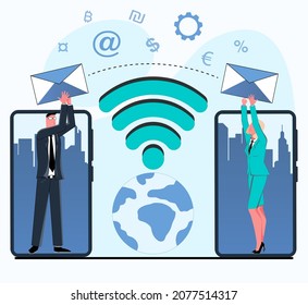 a successful businessman and a businesswoman on the phone in front of the city exchanging emails via email on wifi around the world vector flat illustration