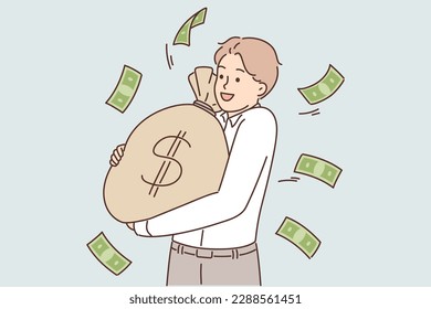 Successful businessman carrying big bag of cash earned from investment or sale of company. Businessman holding dollar bills smiling and wishing to deposit money or invest in securities 