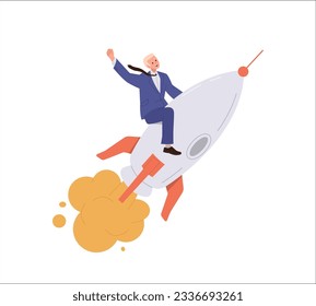 Successful businessman cartoon character flying on rocket forward to goal and new opportunities