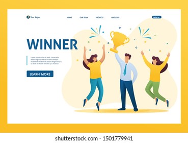 Successful businessman celebrating a victory, and to triumph Cup winners. Flat 2D character. Landing page concepts and web design