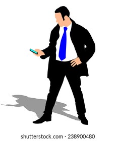 Successful businessman with cellphone texting, vector 