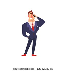 Successful businessman character in blue suit talking on mobile phone cartoon vector Illustration on a white background