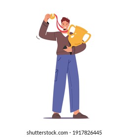 Successful Businessman Character with Gold Goblet in Hand and Golden Medal Celebrate Victory and Goal Achievement, Financial Profit, Wealth. Business Man Winner Concept. Cartoon Vector Illustration