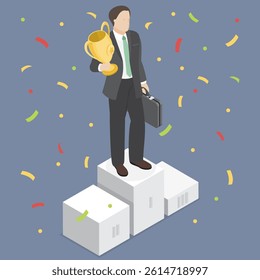 Successful businessman character with gold goblet in hand stand on podium. Financial profit, goal achievement, wealth. 3d flat isometric vector illustration eps 10.
