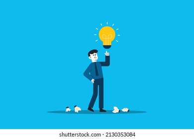 Successful businessman character holding light bulb. Big idea concept. Symbol of having business inspiration. Creativity to help see business opportunity, vision to discover new solution or idea.