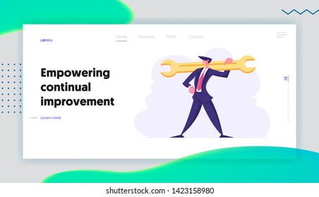 Successful Businessman Character Holding Wrench. Man with Spanner in Hand. Technical Support Service Concept. Mechanic Manager Employee. Vector flat illustration