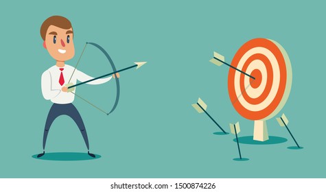 Successful businessman character shoots or aiming at the target. Business concept illustration