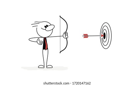 Successful businessman character shoots at the target. Vector stickman cartoon character illustration.